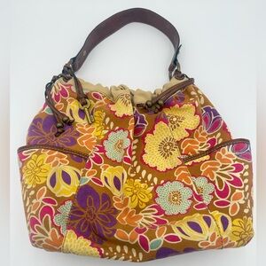 Vintage Fossil Floral Print Canvas Tapestry Shoulder Bag Multicolored Key Charm